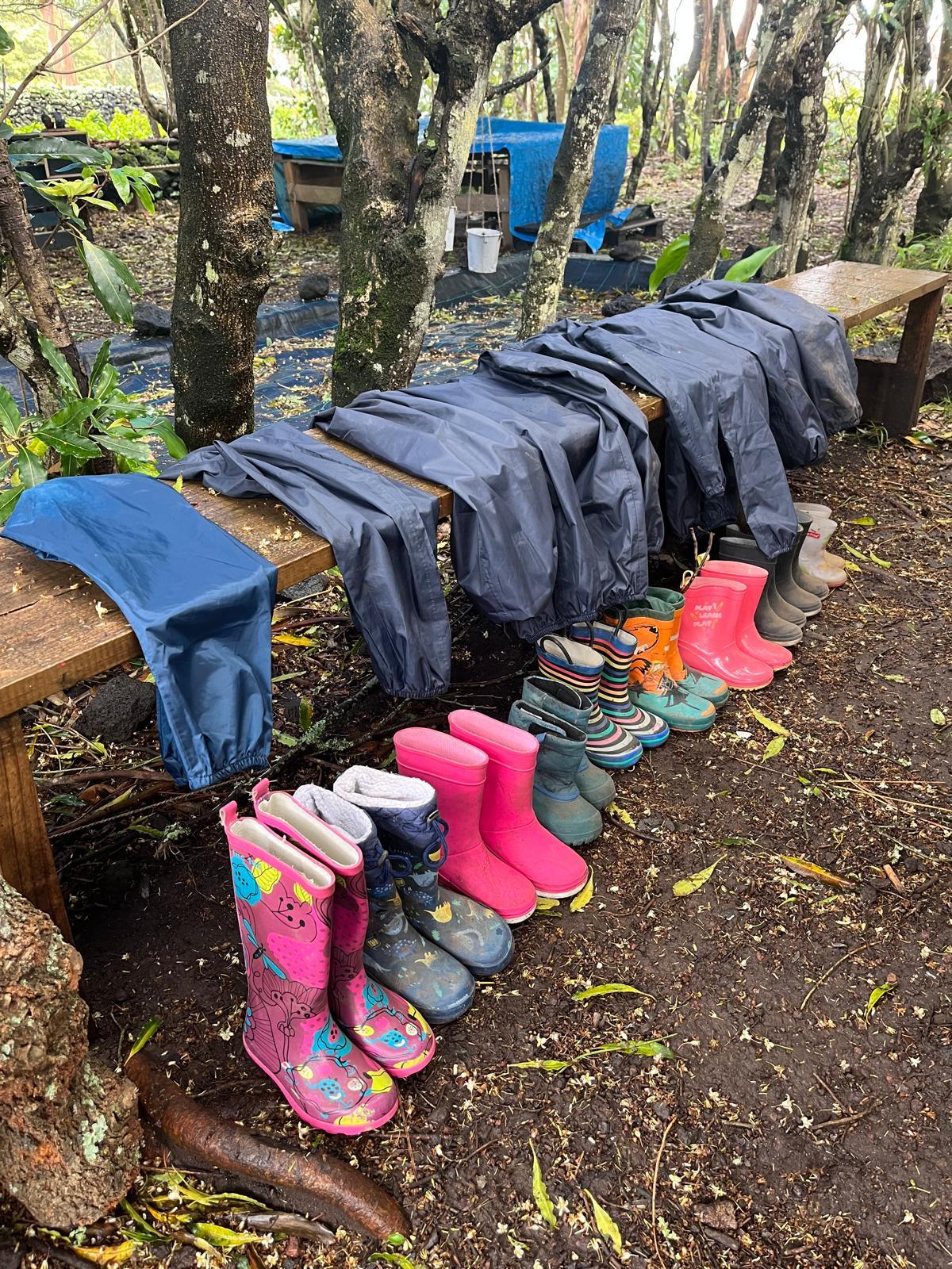 Botas de borracha e fatos impermeáveis das crianças alinhados na mata