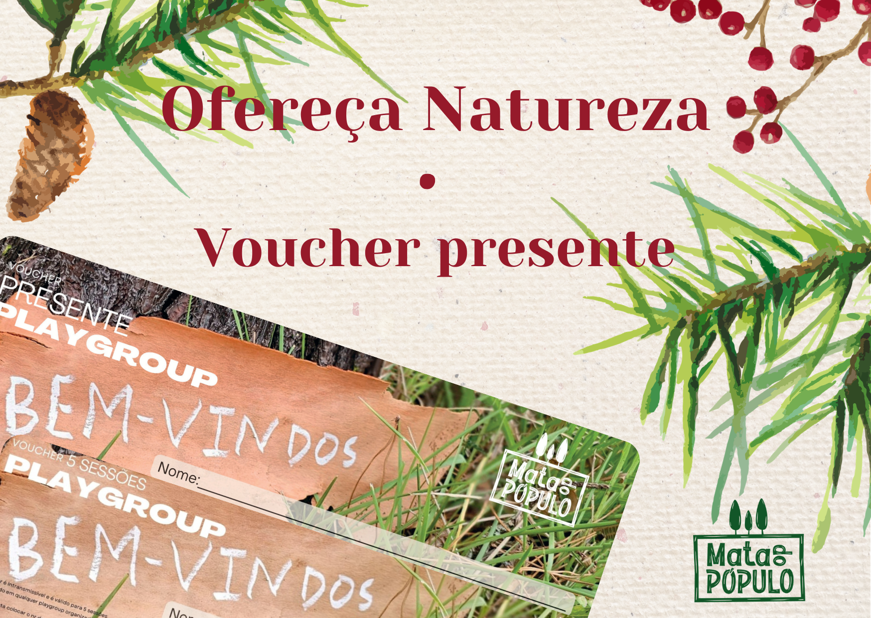 Voucher presente da Mata do Pópulo com ilustração de natureza
